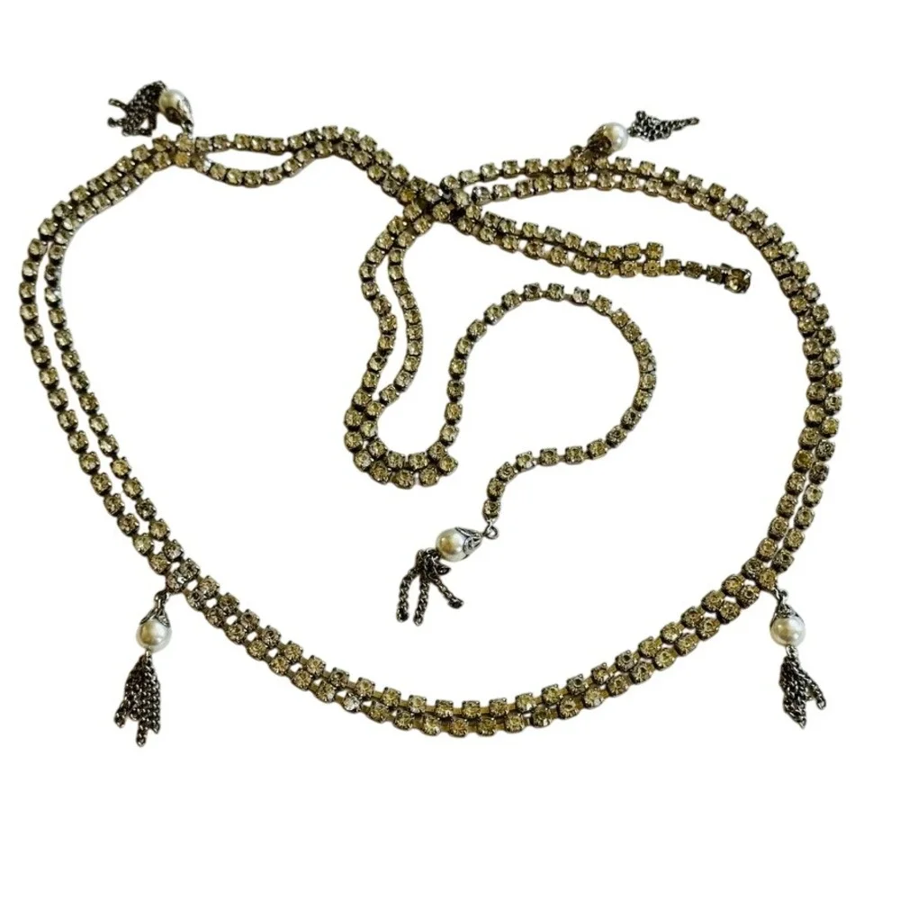 VTG rhinestone silver tone chain fringe Belt Necklace pearl tassel statement 38